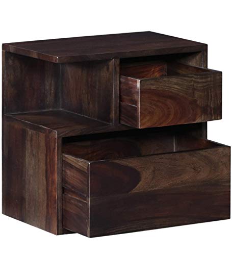 Image of DEMIWALL Solid Sheesham Wood Bedside Table | Wooden Bed Side Tables with Drawer | Nightstand Side Table for Bedroom | Night Stand End Table with 2 Drawers & Shelf Storage for Home | Walnut Finish