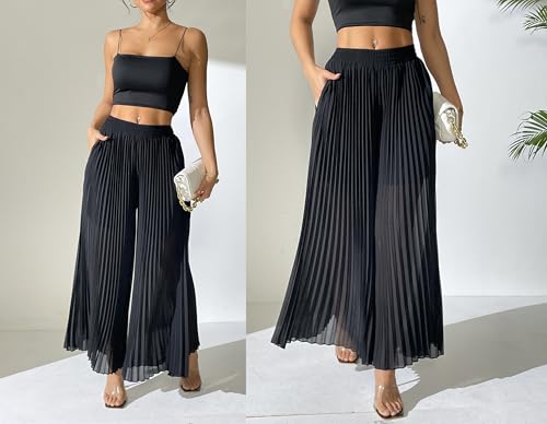 heipeiwa Women's Chiffon Pleated Wide Leg Palazzo Pants Crop Capris Culotte Dressy Casual Pants3