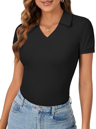 LYANER Women's Short Sleeve V Neck T Shirts Ribbed Knit Slim Fit Tee Top Stripes Collar Polo Shirt2
