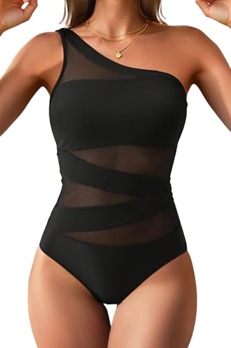 Tempt Me Women One Piece Swimsuit - One Shoulder Bathing Suits Sexy Cutout Mesh Swimwear