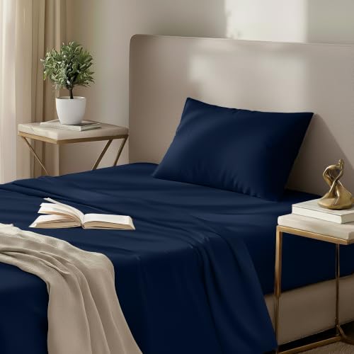 Image of Twin Size Sheet Set - 3 Piece Bed Sheets, Soft and Breathable Microfiber, Includes 1 Fitted Sheet, 1 Flat Sheet and 1 Pillowcase - Oeko Tex (Navy)