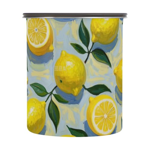 Amooorous Recipientes de acero inoxidable con tapa de diseño de limón amarillo para despensa, botes de almacenamiento de alimentos con tapa
