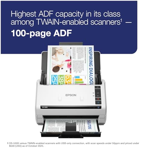 Image of Epson DS-530X Color Duplex Desktop Document Scanner, up to 45 ppm, USB Connectivity, 100-Page Auto Document Feeder (ADF), Twain and ISIS Drivers