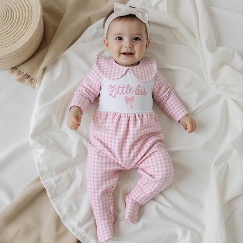Newborn Baby Girl Footie Romper Bow Plaid Print Peter Pan Collar Long Sleeve Jumpsuit One Piece Fall Outfit2