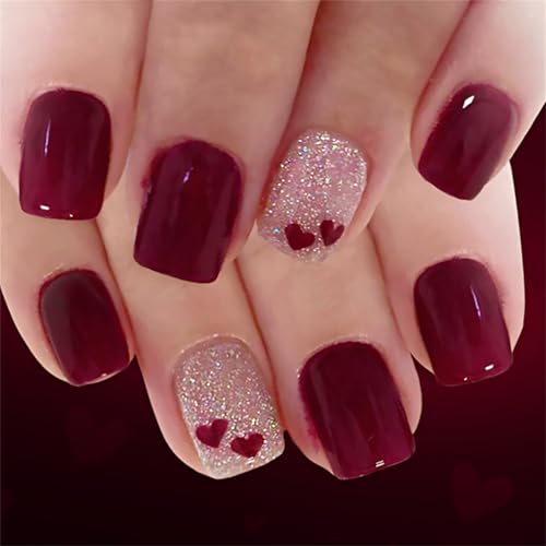 Uñas postizas reforzadas con ABS, corazones rojos, brillantes, cortas, cuadradas, cómodas para citas, San Valentín, corazón brillante, uñas postizas cuadradas cortas, fáciles de aplicar, duraderas