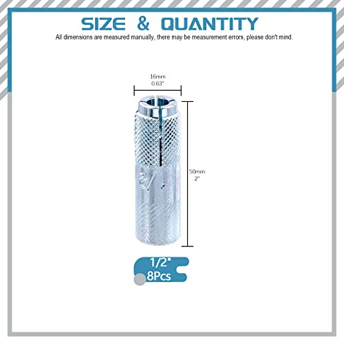 Cimeton 8Pcs 1/2'' Premium Iron Concrete Knurled Drop In Anchors Set, Zinc Plated Surface Expansion Drop-In Anchors For Solid Concrete (1/2Inch) #TOP1