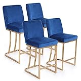 MAISON ARTS Counter Height Velvet Bar Stools Set of 4 with Back for Kitchen Counter 24 inch Modern Gold Barstools Upholstered Faux Leather Farmhouse Bar Chairs Island Stools Support 330LBS,24', Blue
