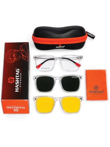 Image of HASHTAG EYEWEAR 3-in-1 Magnetic Clip-On Polarized Sunglasses for Men | Spectacle Frame with UV400 Protection | Day & Night Magnetic Glasses | Clip-On Eyewear for Men