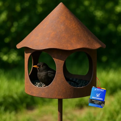 Maxito Vogelhaus mit Ständer wetterfest aus Metall und stabilem Stand 154 cm als Gartendeko im Garten - Gartendeko für draußen wetterfest - Vogelfutterhaus - Vogelhäuschen