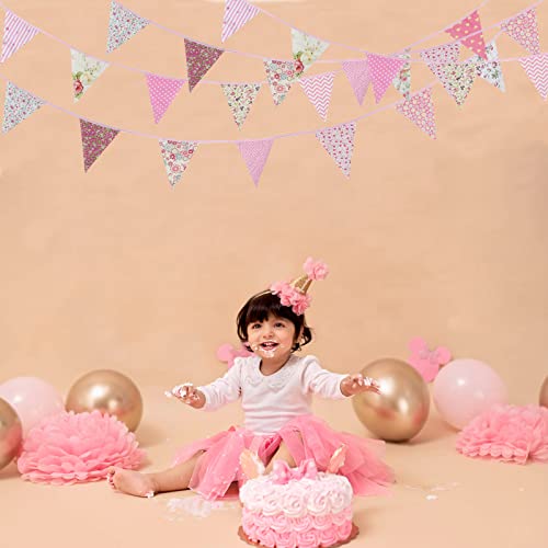 Image of Zwiebeco 39Ft Pink Floral Fabric Bunting Banner Triangle Flag Party Decorations Hanging Cotton Rustic Vintage Flowers Garland Pennants for Wedding Birthday Tea Nursery Home Outdoor Garden Accessories