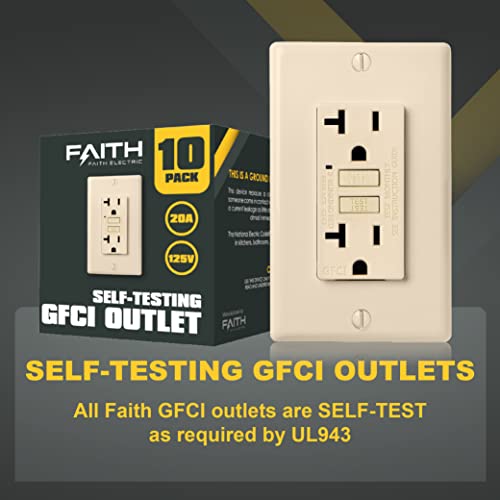 Faith [10-Pack] 20A Gfci Outlets, Non-Tamper-Resistant Gfi Duplex Receptacles With Led Indicator, Self-Test Ground Fault Circuit Interrupter With Wall Plate, Etl Listed, Ivory, 10 Piece #TOP1