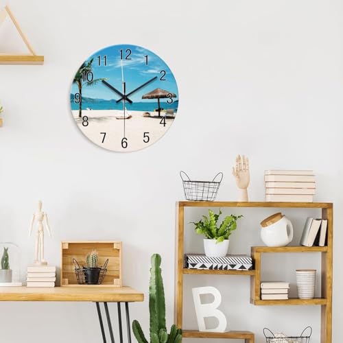 Image of XFM Beach Wall Clock Battery Operated 14 Inch Blue Tropical