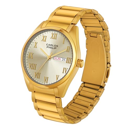 Image of Carlos Philip Men's Roman Numeral Analog Watch - Day and Date Display, Stainless Steel Strap, Quartz Movement, Business Style Watch for Men