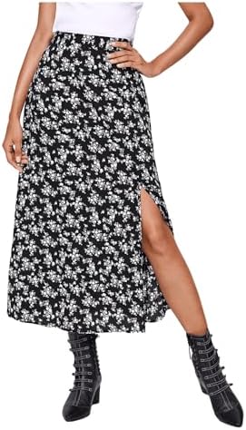 Floerns Women's Boho Floral High Waist Split A Line Midi Skirt Black Disty Floral XL