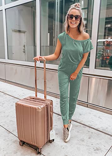 Image of PRETTYGARDEN Jumpsuits for Women Summer Off Shoulder Romper | Short Sleeve Drawstring Waist, Jogger Jumpers with Pockets, One Piece Spring Break Outfits, Vacation Travel Lounge Clothes