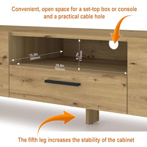 BIM Furniture TV Lowboard Nuka – 200x43x48 cm Stehend Wohnzimmermöbel, Grifflose Fronten, Stauraum TV Möbel – Eiche Artisan
