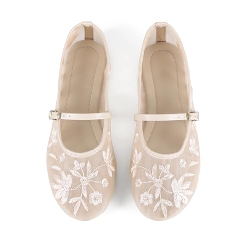 Image of MRKEWUNEY Mesh Ballet Flats for Women Embroidered Floral Round Toe Mary Jane