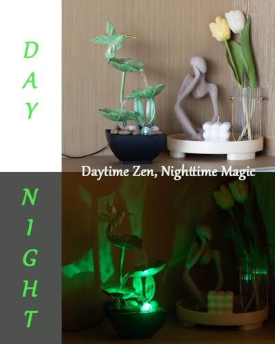 Image of Vintage Hummingbird Tabletop Water Fountain - Zen Home Office Decor - Gentle Bubbling Spring Indoor Zen Decor with Low-Noise Pump, LED Light, Natural River Rocks, Inline Switch & USB Adapter