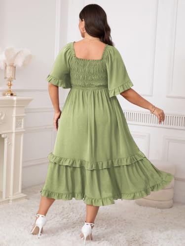 Image of SCOMCHIC Women's Plus Size Maxi Summer Wedding Guest Cocktail Boho Dresses | Short Sleeve, Square Neck Smocked, A line, Fall, Elegant Flowy Long Dress