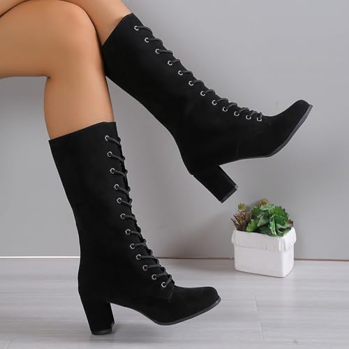 Women's Combat Riding Platform Knee High Boots, Lace Up Fall Winter Mid Calf Chunky Heel Gothic Motorcycle Boots4