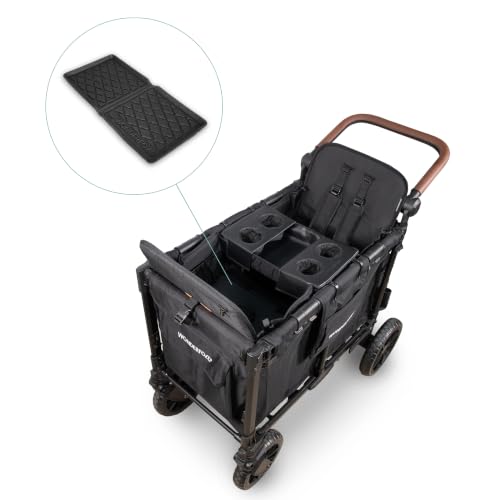 Image of WonderFold W2 Luxe Pro Bundle - 2-Seater Stroller Wagon with All-Weather Floor Mat and Flex Snack Tray, Safety-Certified with 5-Point Harnesses - Black