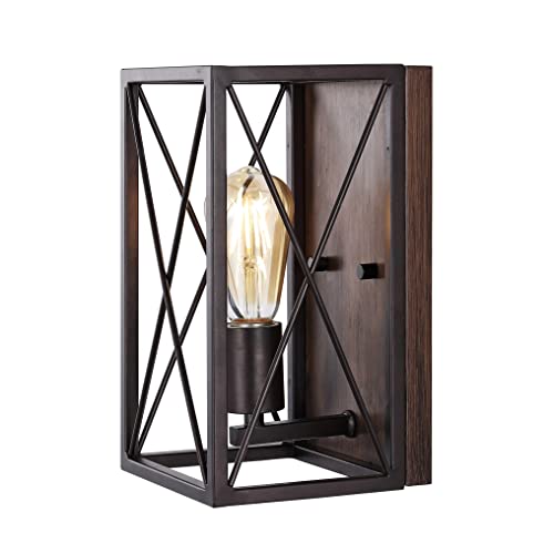 Image of JONATHAN Y 6 inch Oil Rubbed Bronze /Wood Finish 1-Light Iron Sconce, Farmhouse Rustic X-Frame Wall Lantern for Bathroom Hallway Entryway, Modern Industrial Lamp, LED Bulb Included JYL1310A