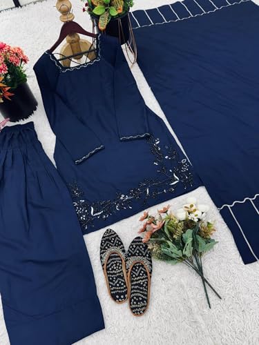 Image of Womens Pure Natural Crepe Silk Full Sleeves Square Neck Straight Kurti With Palazzo And Natural Crepe Dupatta 3-Piece Ethnic Wear