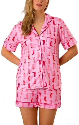 Image of Yiulangde Valentine Pink Rodeo Silk Pjs Y2k Cowgirl Boots Western Pajamas Satin Short Set for Women 2 Piece Cowboy Shorts Lounge Sets