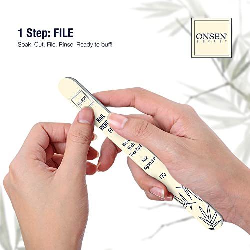 Onsen Secret Japanese Nail Buffer And Shine Kit - Professional Nail File, 3-Way Nail Buffer Block W/ Free Replacement Pads & Nail Strengthening Cuticle Cream For Healthy Nails, Nail Care Kit, 1Pk #TOP3