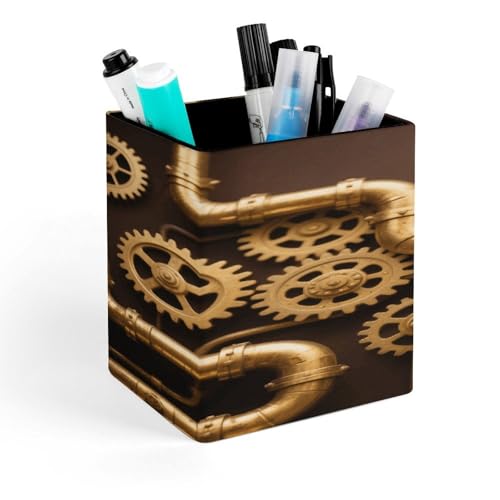 FodPand Brass Steampunk Gears PU Leather Pen Holder Square Desktop Organizer Waterproof & Non-slip Office Supply Storage Box for Home Vanity Professional Workspace