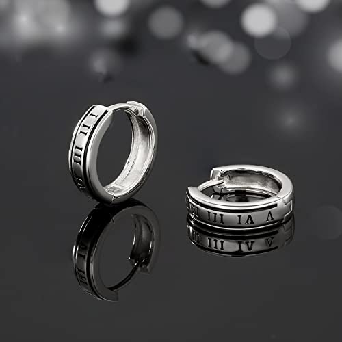 Krkc&Co Hoop Earrings For Men, S925 Sterling Silver,14K Gold/White Gold Plating, Hypoallergenic Earrings, Curved Face Hip Hop Street-Wear Rapper Earrings For Boys (Silver-Roman Numerals) #TOP4