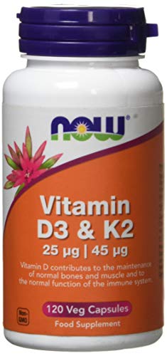 Now Foods Vitamin D3 and K2 Veg Capsules, 25 mcg/45 mcg, Pack of 120