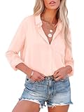 Aoudery Womens Button Down Shirts Dress Shirts Long Sleeve Collared Blouses V Neck Work Office Tunic Chiffon Tops-Peach M