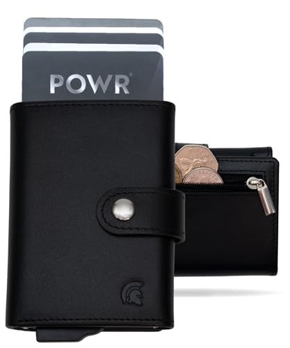 POWR Cartera de Metal para Hombre con Compartimento para Monedas. Tarjetero RFID de Cuero Vegano Negro para Hombre. Cartera Minimalista para Tarjetas de crédito para Hombres. Cartera Delgada de Metal