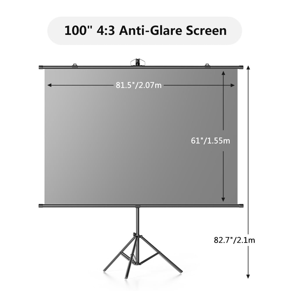 60 72 84 100 Pollici Telo di Proiezione All'aperto per Interni con Treppiede, Schermo Cinematografico Portatile 4K HD per Casa Ufficio Scuola(100"(4:3))