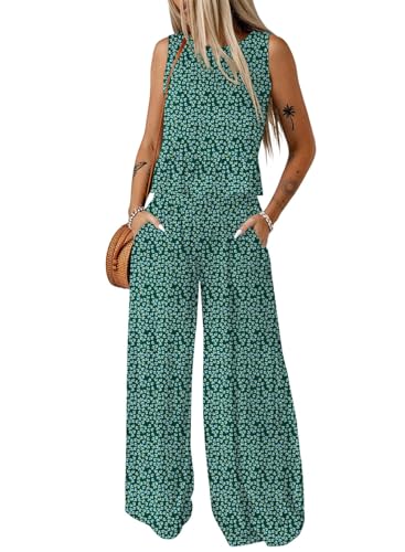 Image of Dokotoo Womens 2 Piece Outfits Tank Tops Elastic Waist Wide Leg Pants Sets | Sleeveless,Wide Leg,Loungewear Set,Cruise Travel Outfits,Beach Vacation Clothes,With Pocket