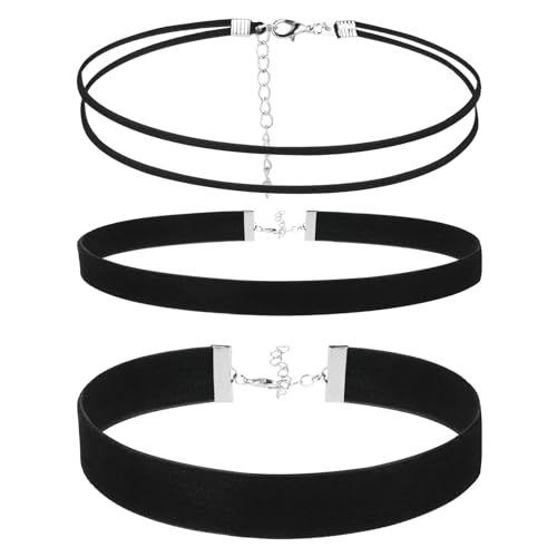 Telooco 3 Stück Samt Choker Kette Damen Schwarz Halskette Gothic Samtkragen Halsband Verstellbarer Trachtenkette Damen Halloween Enganliegend...