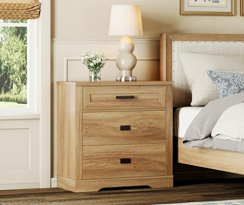 Image of WAMPAT 31.5 inch Wide Large Nightstand Set of 2, 32 inch Tall Oversized Modern Farmhouse Bedside Table with Large Drawers 2-Piece Set for Bedroom, Walnut Oak