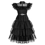 【Design】Wednesday Addams Cosplay-Kostümkleid für Erwachsene Frauen und Mädchen Mittwoch Addams Kleid Schwarzer Netzrock mit Gürtel Halloween-Outfit