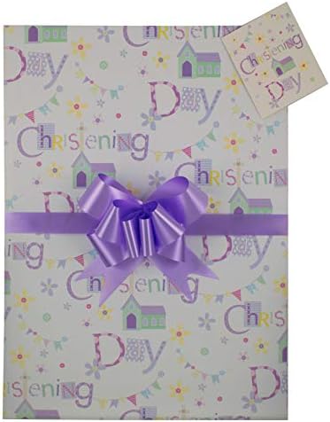 Christening Gift Wrap Pack, Lilac Unisex, Girl, Boy. 2 Wrapping Sheets, 2 Tags and 2 Pull Bows, Arrives in an A4 Boarded Envelope for Protection,