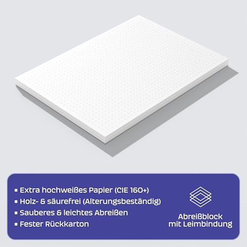 Fantastino® Notizblock A5 Punktiert - 5er Vorteils-Pack (250 Blatt) - 90 g/m² Premium-Papier weiß, tintenfest & durchdrucksicher, kleine Schreibblöcke abreißbar für Büro, Haushalt, Schule & Uni