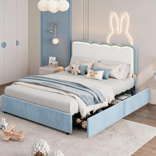 Image of Garvee Irregular Wave LED 2-Drawer Soft Upholstered Bed, Soft Padding