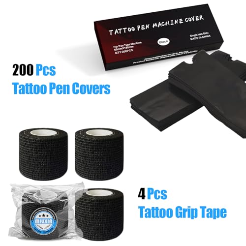 Tattoo Pen Machine Cover Grip Tape Wrap - MIUXIA 200Pcs Tattoo Pen Covers Black and 4Pcs Tattoo Grip Wrap Combination Grip Tattoo Machine Covers Tattoo Tape Wrap Tattoo Supplies… - Thumbnail 2