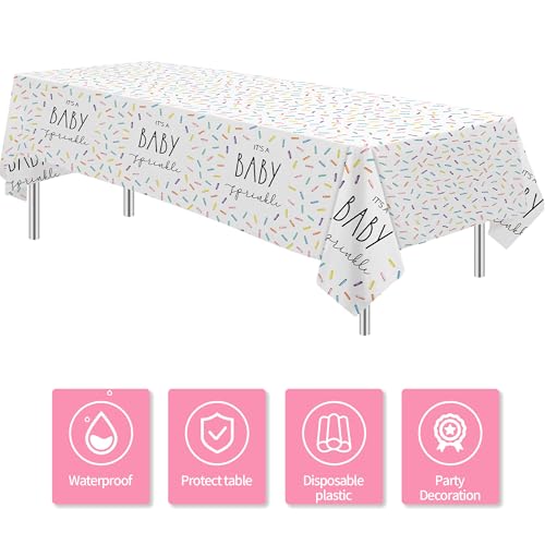 Image of Sprinkle Baby Shower Decorations Tablecloth for Boys Girls - 3 Pack Disposable Rainbow Confetti Theme It's A Baby Sprinkle Party Table Cover Supplies, 86in x 55in