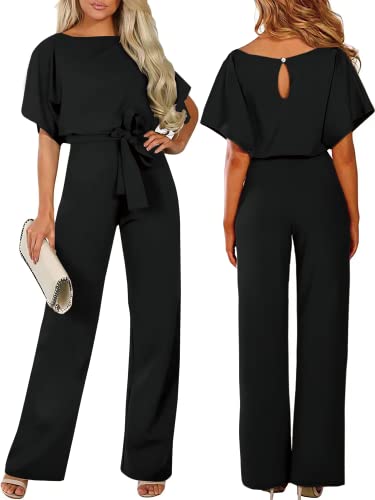 Lemdannu Black Dressy Jumpsuits For Women Travel Loose Crew-Neck Short Sleeve Tie Waist Wide Legs Rompers Black Xl #TOP2