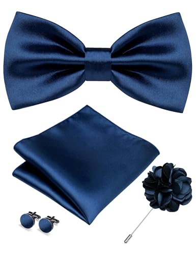Image of RBOCOTT Solid Color Bow Tie and Pocket Square with Lapel Pin Cufflinks Set 4PCS