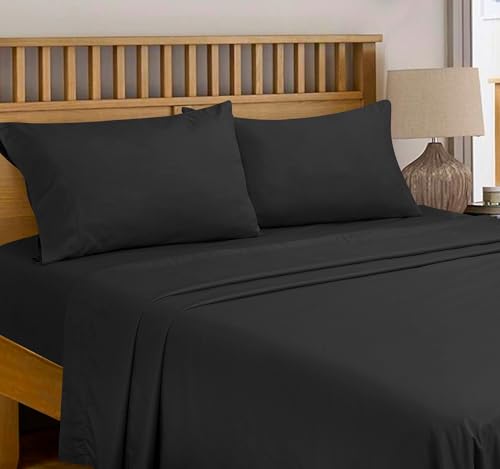Image of Royale Linens 300 Thread Count 100% Long Staple Combed Cotton Flat Sheet - Super Soft - Top Sheets - Full Flat Sheet Sold Separately - Breathable, Cool & Crisp Percale Sheets Only (Twin XL, Black)