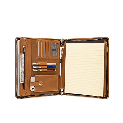 Handmade Crazy-Horse Leather Portfolio Vintage Padfolio Case, Zippered Professional Organizer For Men & Women For Ipad Pro/Surface Pro, With Letter Size Notepad (Ipad 10.2 Inch/ 10.5 Inch/ 11 Inch) #TOP7