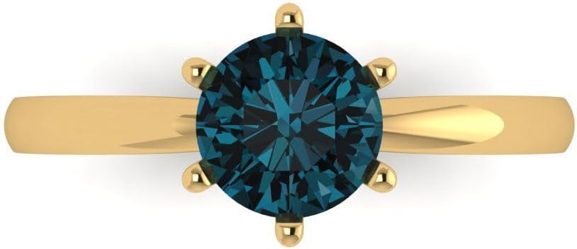 Clara Pucci 14K Solid Gold Ring for Women - 1 cttw Round Cut Natural London Blue Topaz Yellow Gold Solitaire Anniversary Bridal Ring