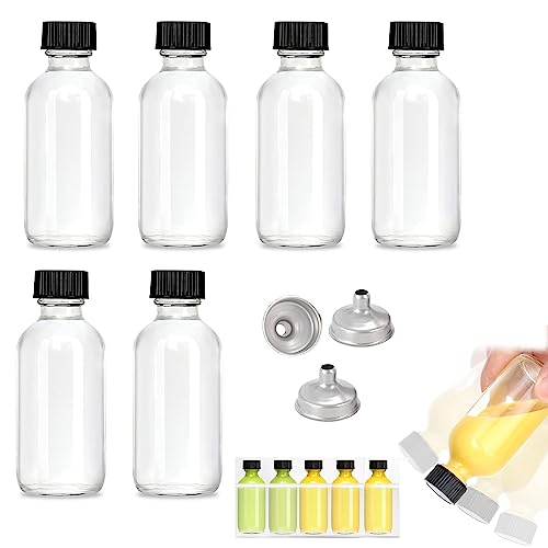 Azonee 2 oz Small Clear Glass Bottles, 6 PCS (60ml) With 3 Stainless Steel Funnels, Boston Round Shot Bottles with Caps, Mini Travel Bottle for Juice, Ginger Juice, Oil, Liquid, No Leakage